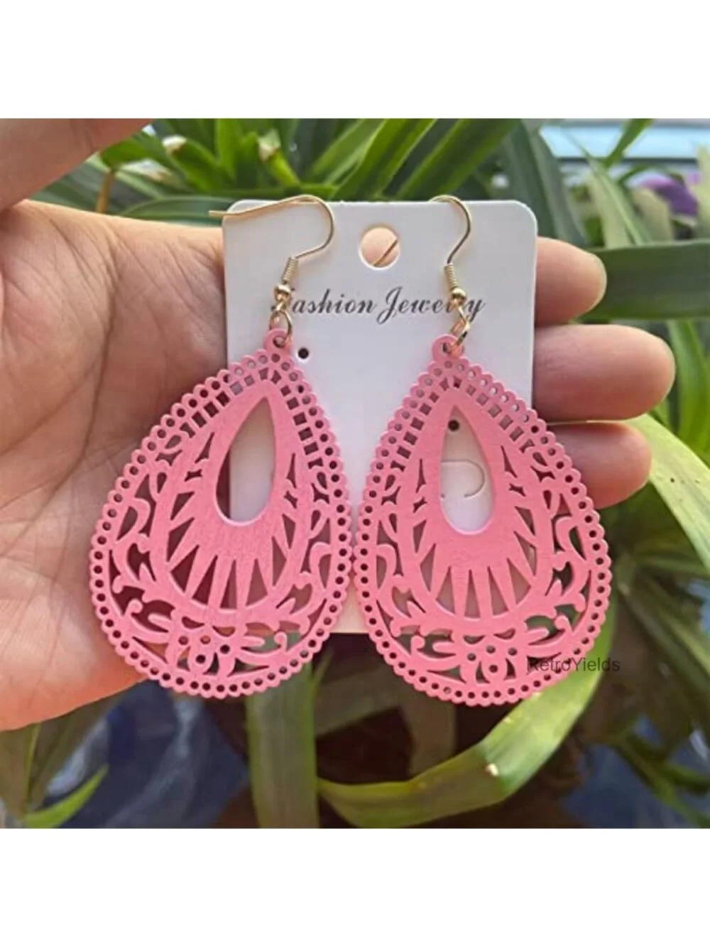 Bohemian Wood Drop Earrings Handmade Geometric Hollow Teardrop Lightweight